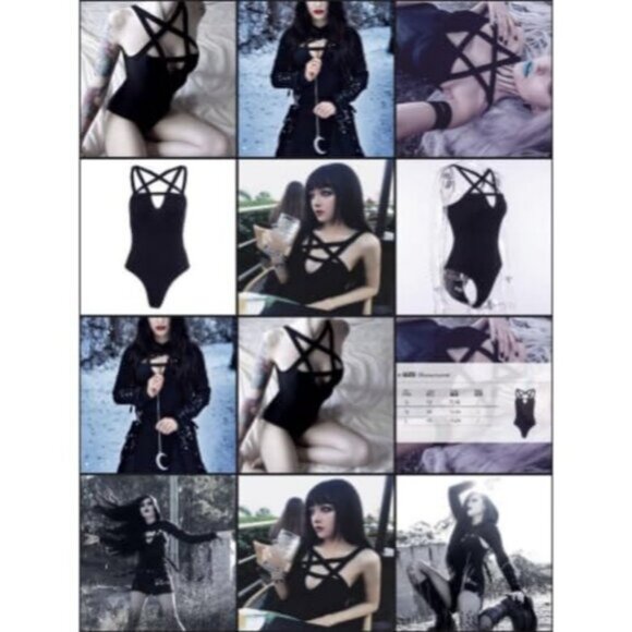 ⚡Women Black Hollow Out Low Chest Pentagram Bodysuit Gothic Dark Street Jumpsuit - Picture 8 of 9